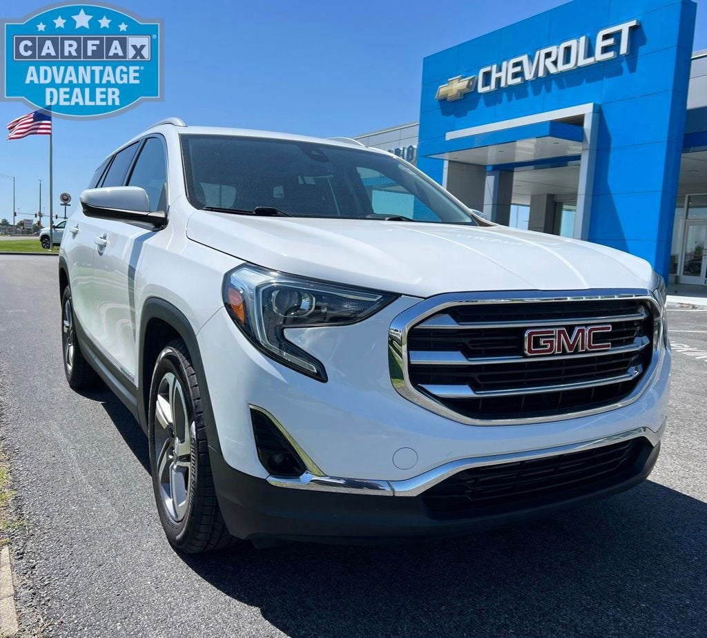 2020 GMC Terrain SLT in Summit White — front three-quarter view