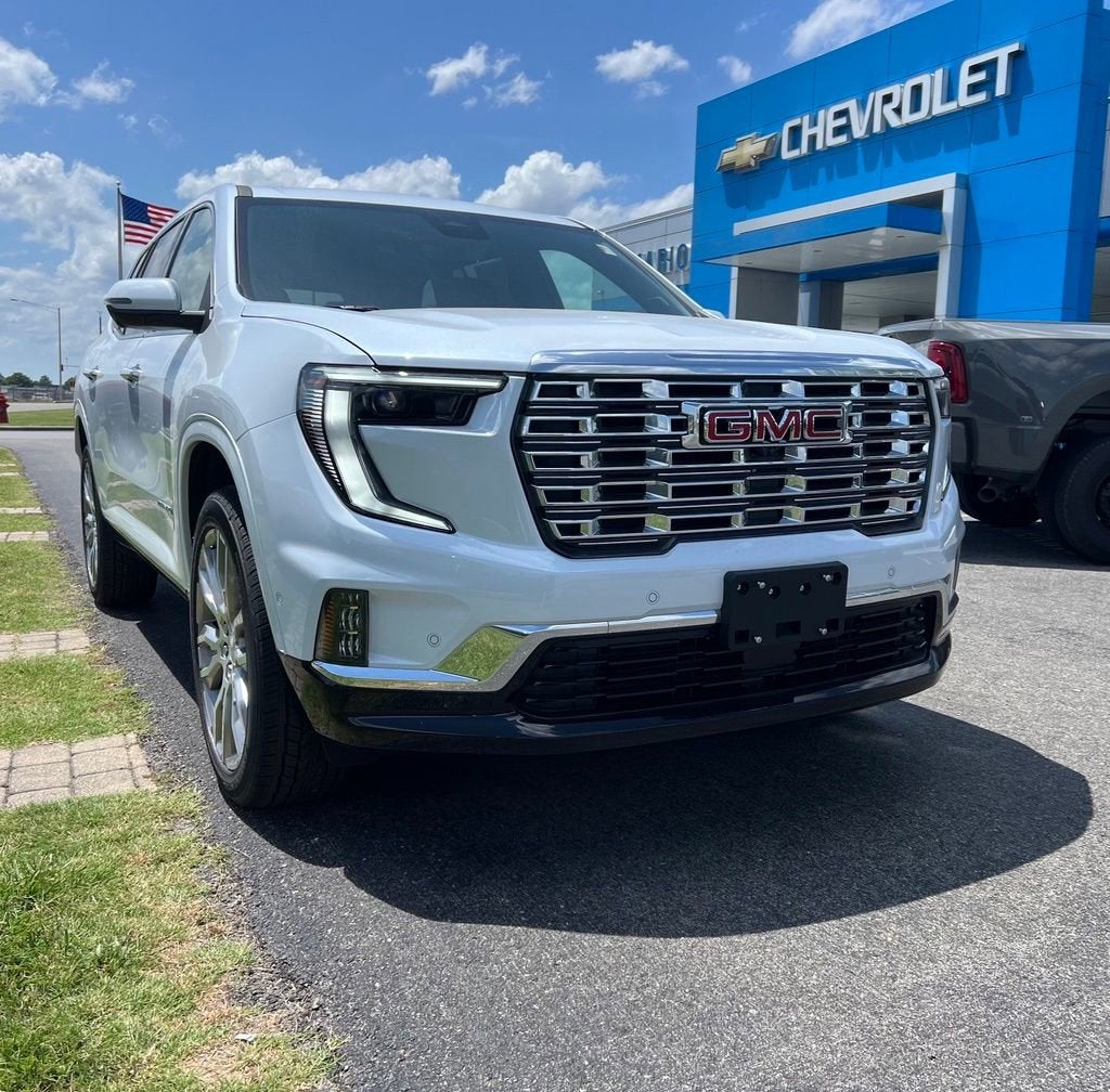 2026 GMC Acadia Denali in Glacier White Tricoat — front three-quarter view
